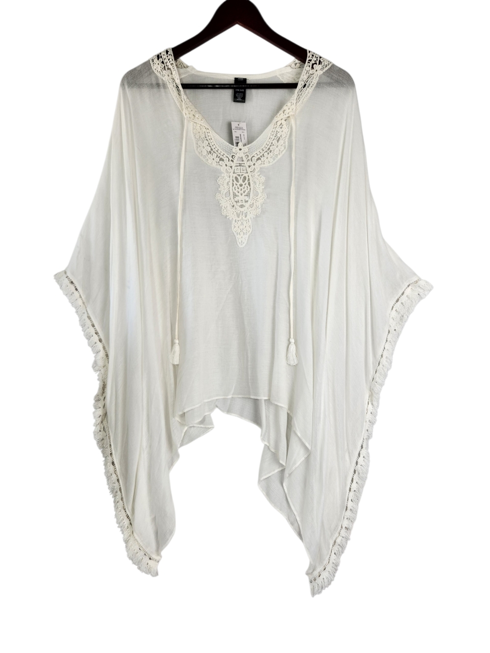 Mixit Ivory Boho Lace Trim Poncho Top One Size Flowy Kimono Festival Cover Up
